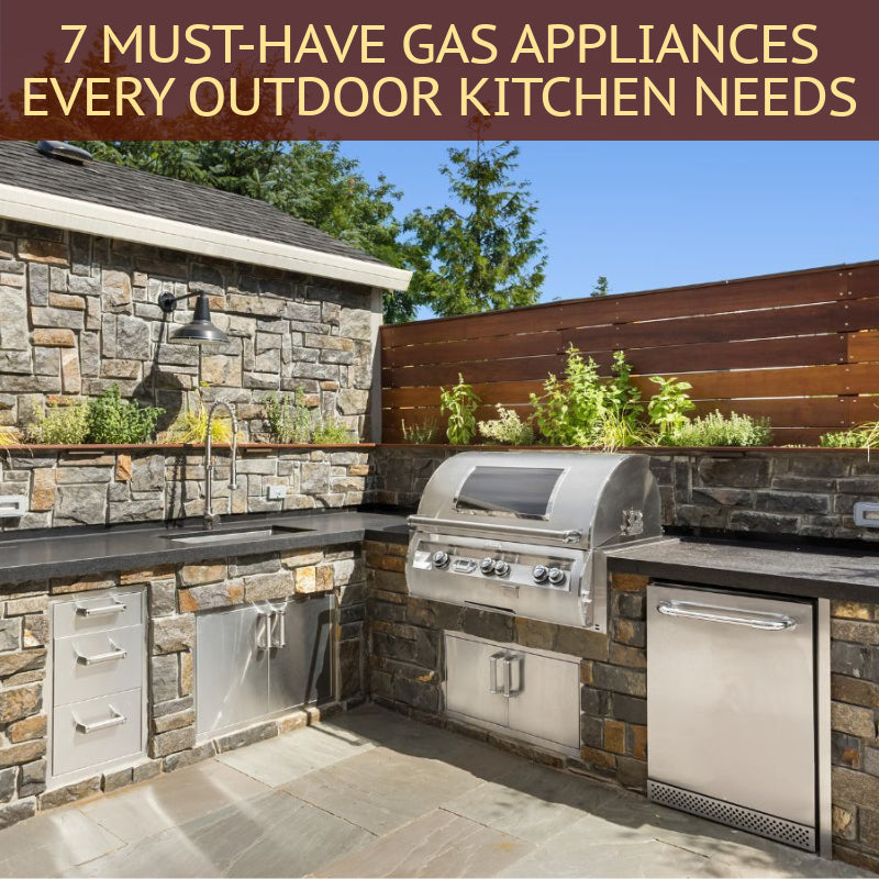 An outdoor kitchen complete with gas grill, outdoor fridge, and sink all built into a granite countertop