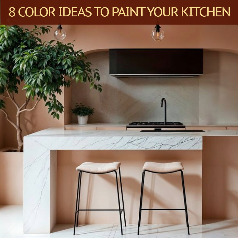 Stunning modern salmon pink kitchen with marble countertop and black fixtures