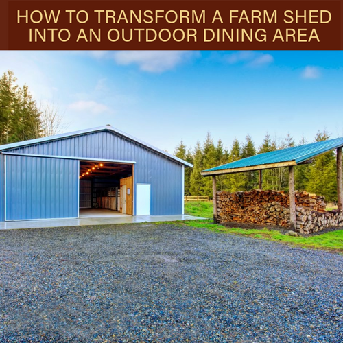 Big farm shed with wood shack beside it