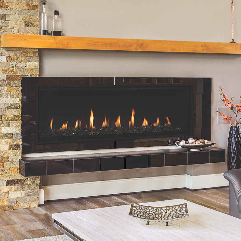 Direct vent gas fireplace with orange and yellow flickering flames
