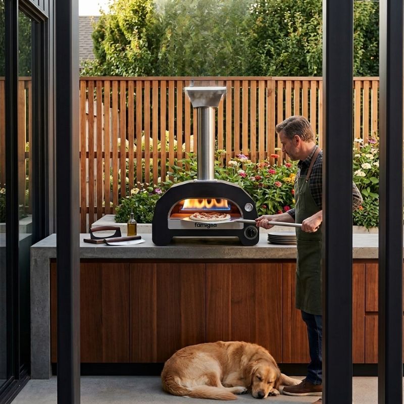 Cooking with a Cast Iron Skill in a gas fired pizza oven