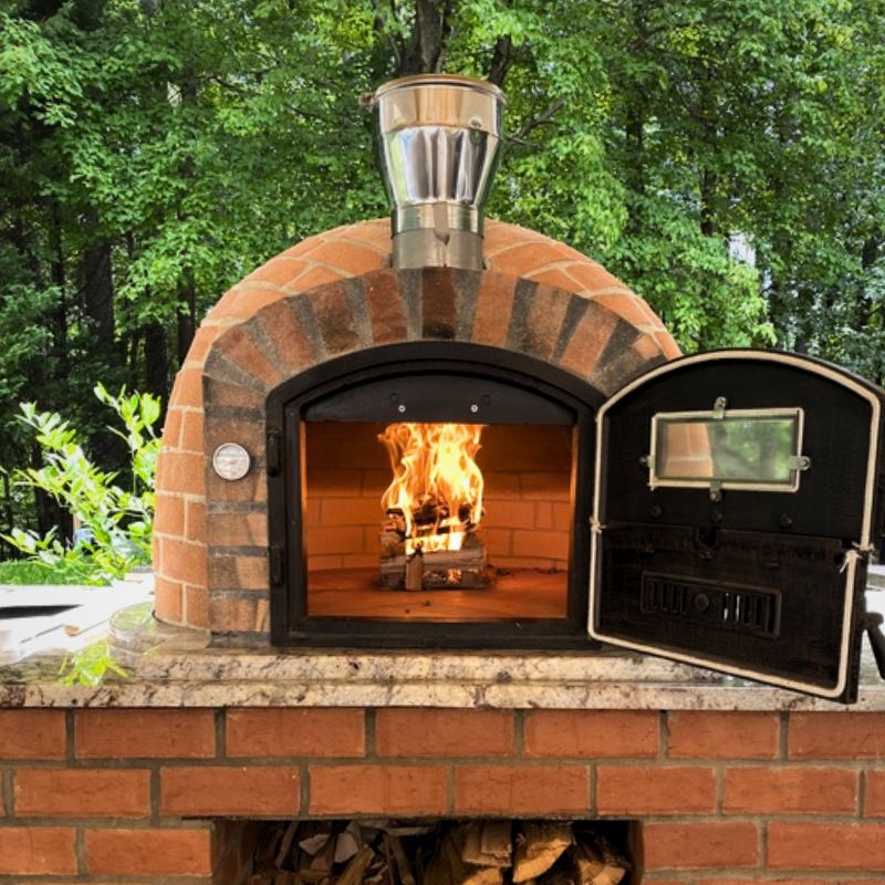 Brick Wood Fired Pizza Oven With Blazing Firewood