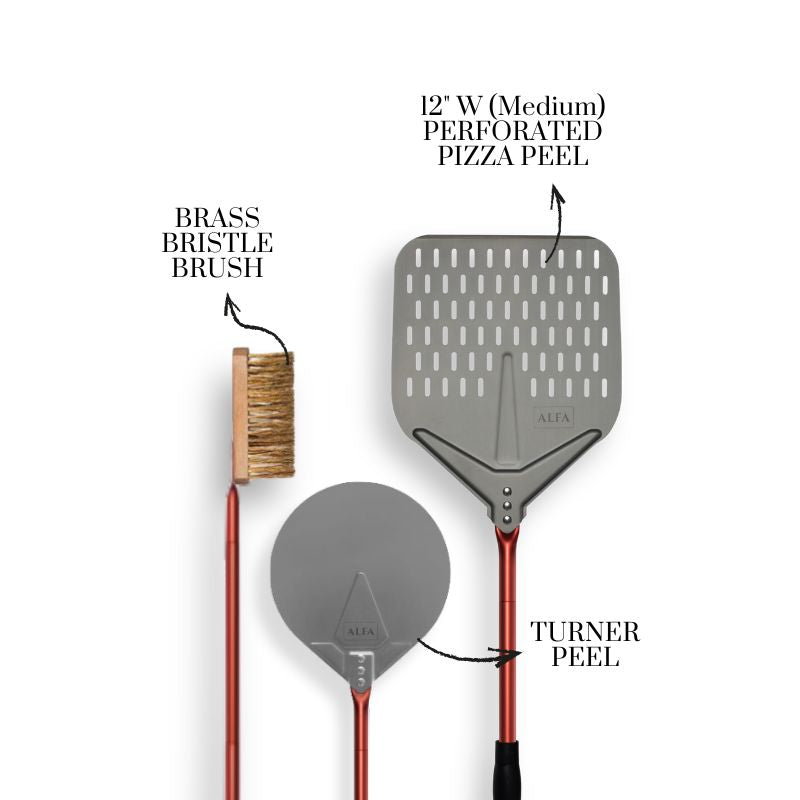 Set of Alfa premium Pizza Oven Peel Red set including a brush, pizza peel, and turner peel with labels on a white background.