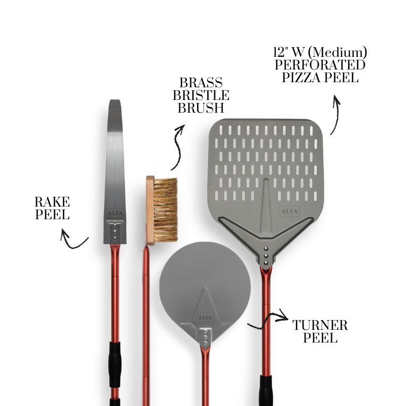 Set of Alfa Pizza Oven Peel Red set including a brush, pizza peel, rake peel, and turner peel with labels on a white background.