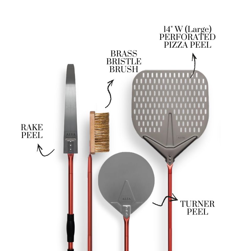 Set of Alfa Pizza Oven Peel Red set including a shovel, brush, large pizza peel, rake peel, and turner peel with labels on a white background.