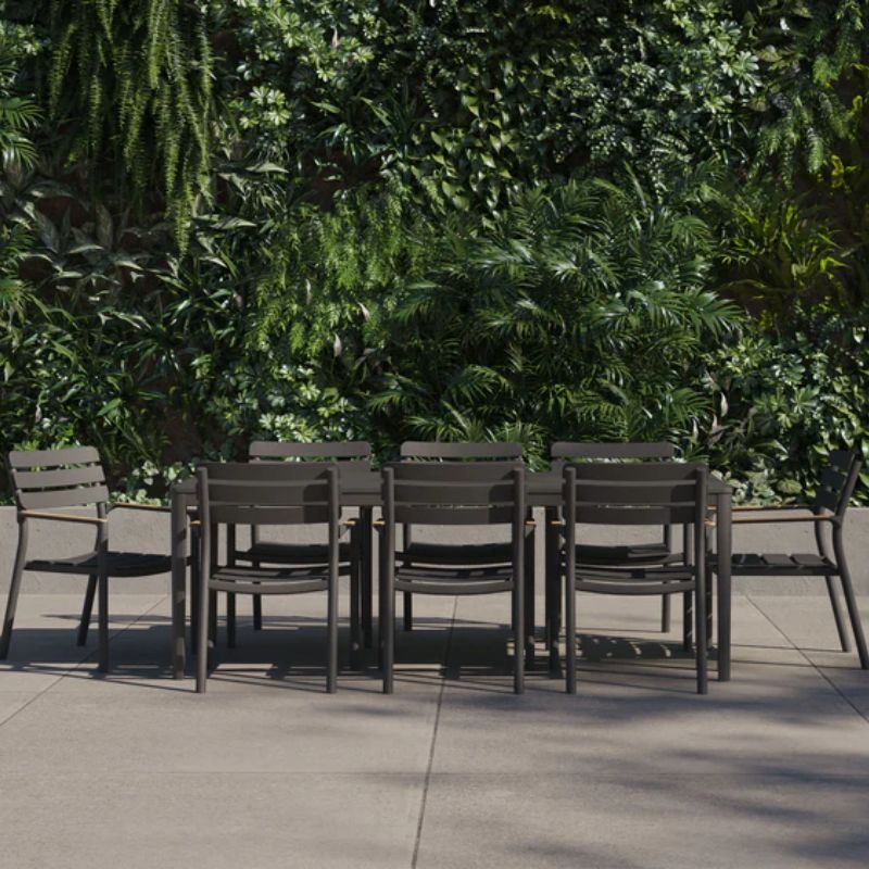 595 Aluminum Dining Chairs with the Aluminum Rectangular Dining table set on a patio