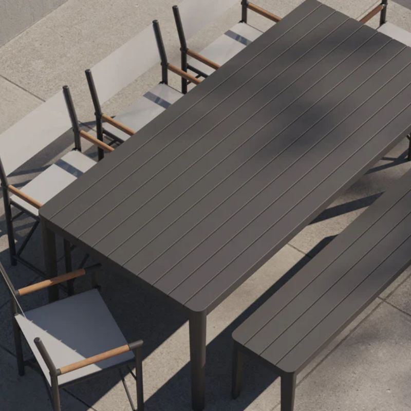 Rust-resistant aluminum rectangular dining table with 5 director's chair and bench set