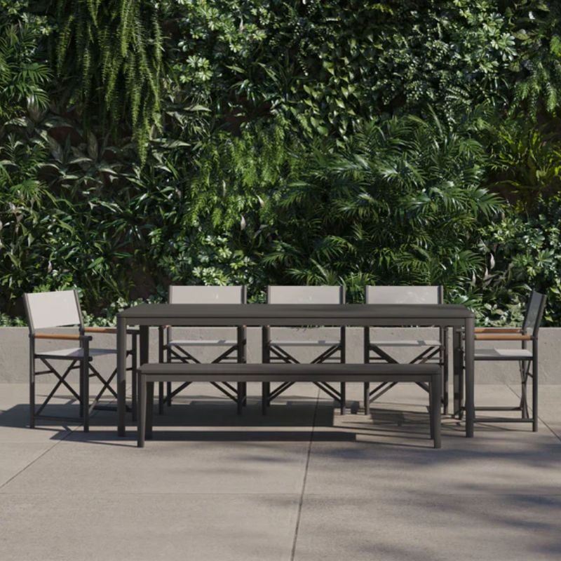 Aluminum Rectangular Dining Table with 4 Director's Chair and bench set on patio
