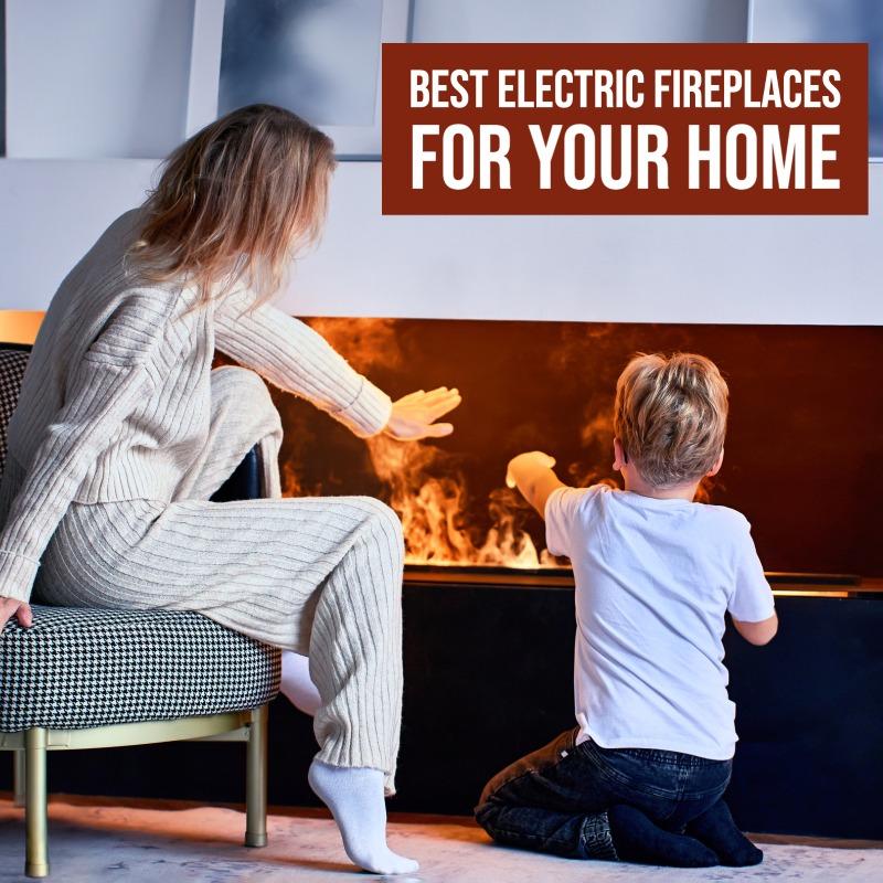 Mom and son sitting in front of an indoor Electric Fireplace