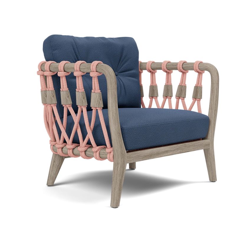 Kingsley Lounge Chair in blush rope with graywashed Rustic Teak frame in weser deep blue cushion upholstery