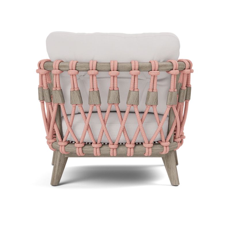 Full back view of the Kingsley Lounge Chair in Blush rope with Graywashed Rustic Teak frame and Alsek White fabric
