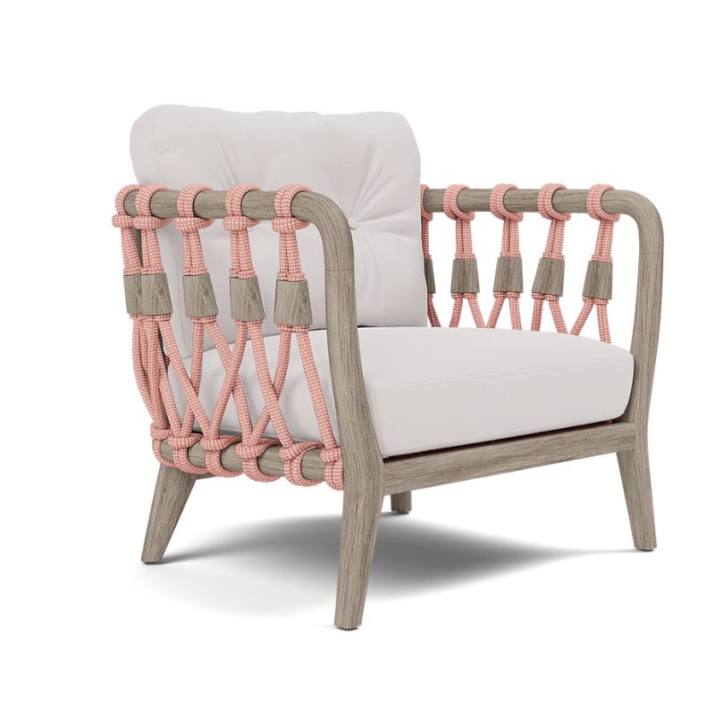 Kingsley Lounge Chair in Blush rope with Graywashed Rustic Teak frame and Alsek White fabric, angled front view
