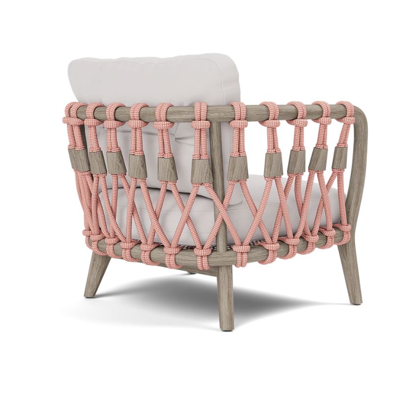 Angled back view of the Kingsley Lounge Chair in Blush rope with Graywashed Rustic Teak frame and Alsek White fabric
