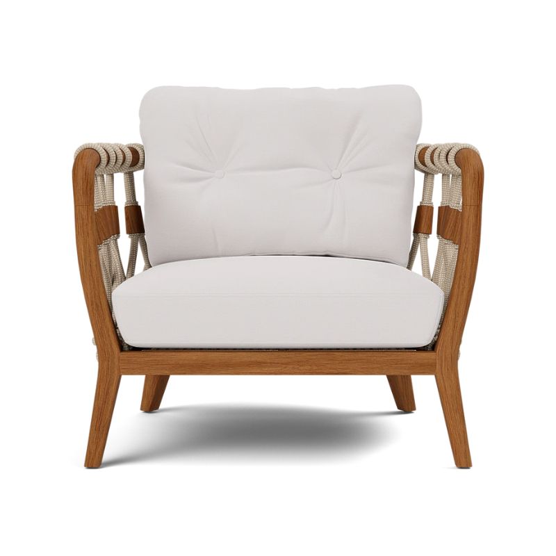 Kingsley Lounge Chair in White Sand rope with Weathered Natural Rustic Teak frame and Alsek White fabric, front view