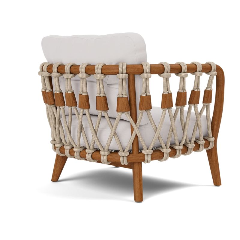 Kingsley Lounge Chair in White Sand rope with Weathered Natural Rustic Teak frame and Alsek White fabric, back angled view