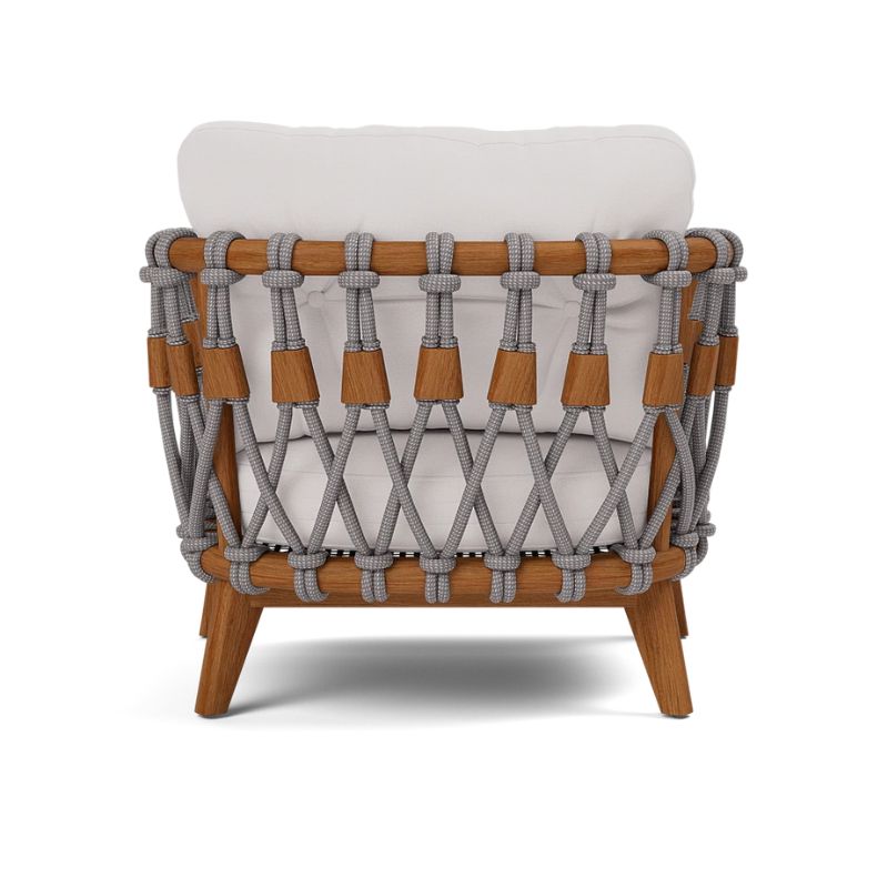 Full back view of the Kingsley Lounge Chair in zinc rope with Weathered Natural Rustic Teak frame and Alsek White fabric