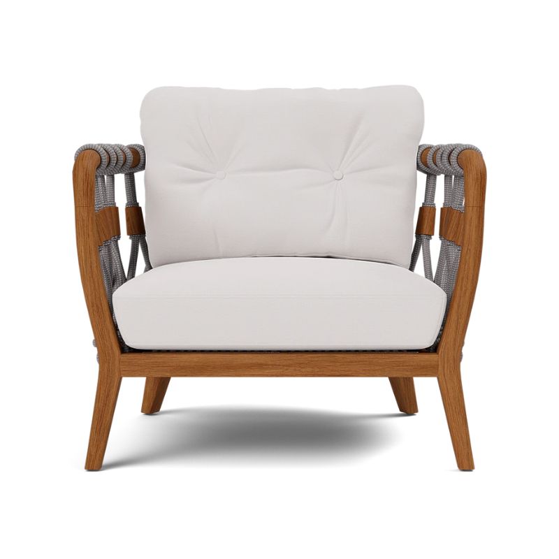 Kingsley Lounge Chair in White Sand rope with Weathered Natural Rustic Teak frame and Alsek White fabric, front view