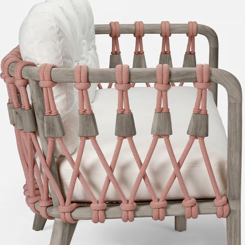 Kingsley Lounge Chair in Blush rope with diamond pattern on the Graywashed Rustic Teak frame and Alsek White fabric