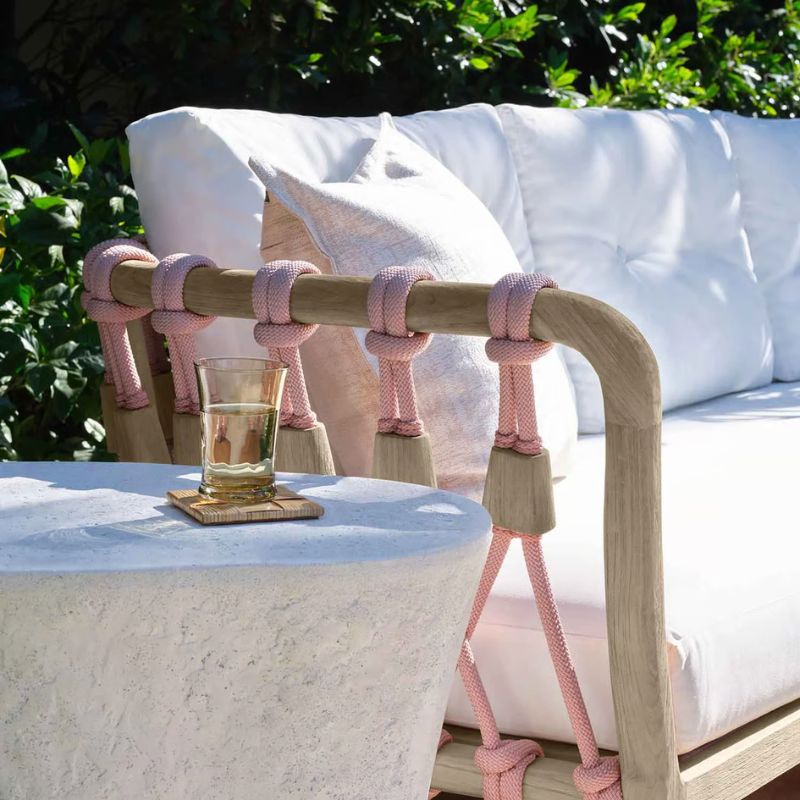 Blush Rope and Graywashed Rustic Teak Frame Finish of the Kingsley Sofa
