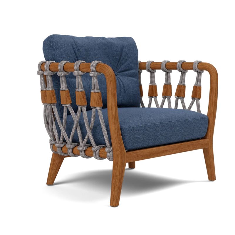 Kingsley Lounge Chair in Zinc rope with Weathered Natural Rustic Teak frame and Weser Deep Blue upholstered cushions