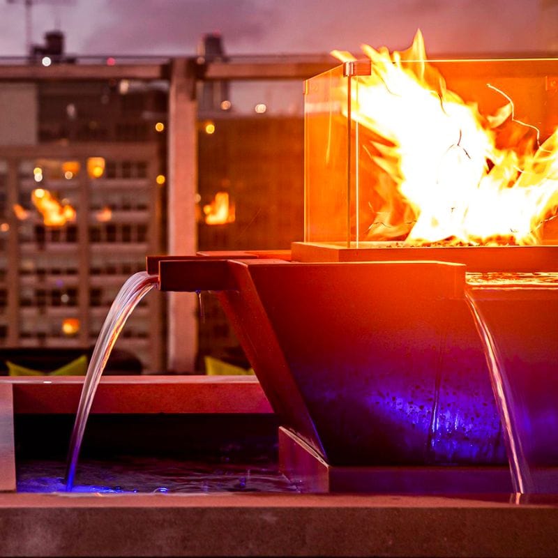 Maya Fire & Water Bowl under outdoor pergola