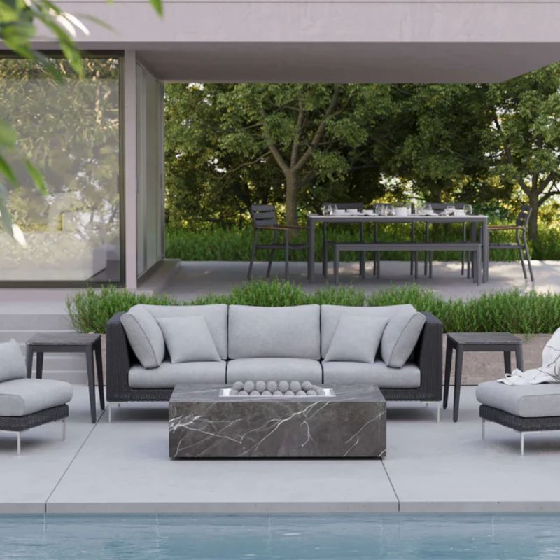 CSA certified Fire Pit in a modern backyard with pool