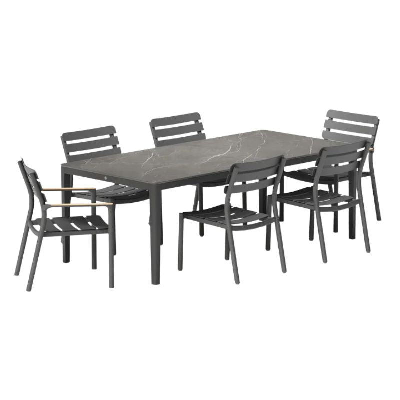 OuterStone Dining table set of 4 Armless Chairs, 2 Arm Chairs, and Mineral Gray table | Outdoor furniture built to last