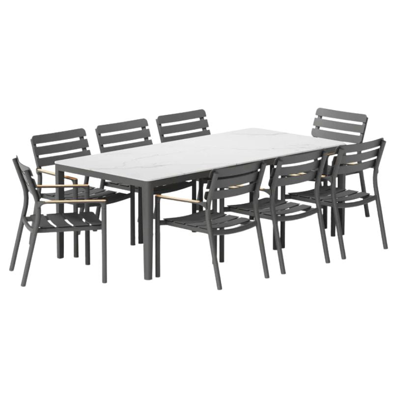 Luxury Outdoor Dining Set of 8 595 Arm Chairs and a Glacier White OuterStone dining table by Outer