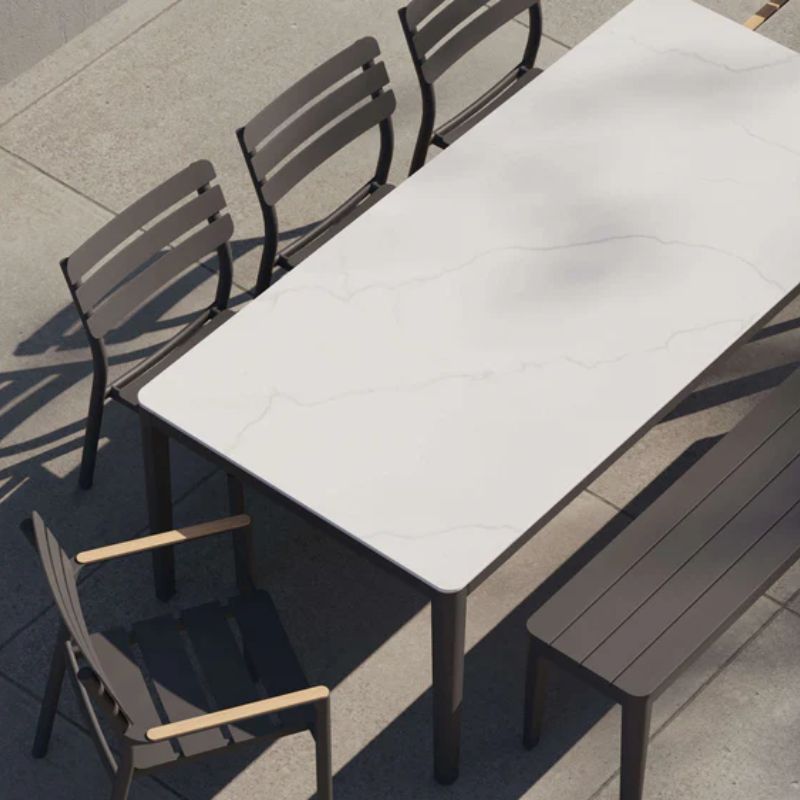 Set of 3 Armless Chairs, 2 Arm Chairs, Bench, and Glacier White OuterStone Dining Table | All weather dining set