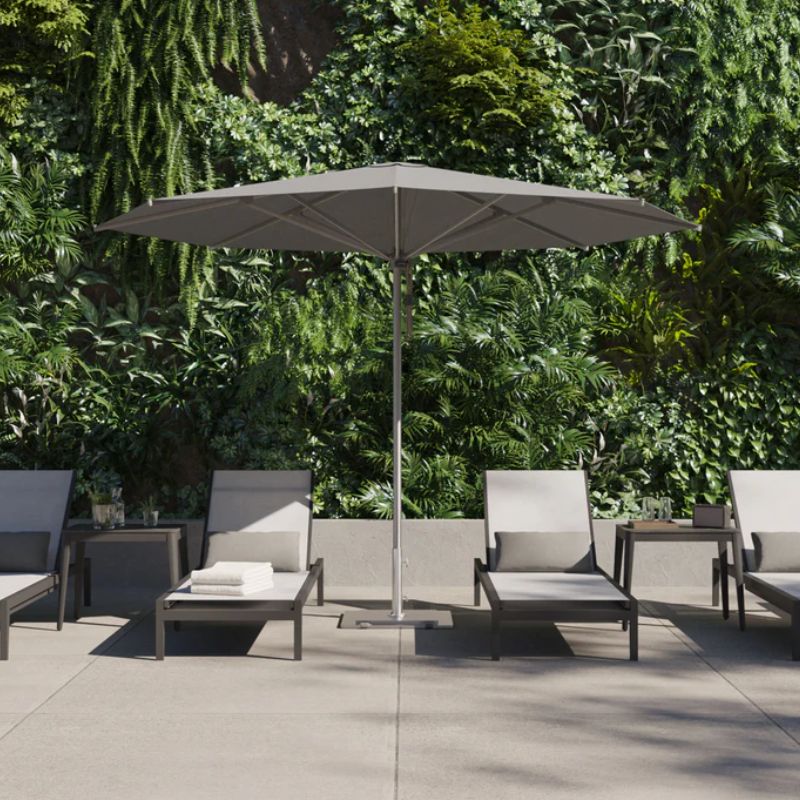 Charcoal Aluminum Chaise Lounges under an Outer Umbrella in Round Gray