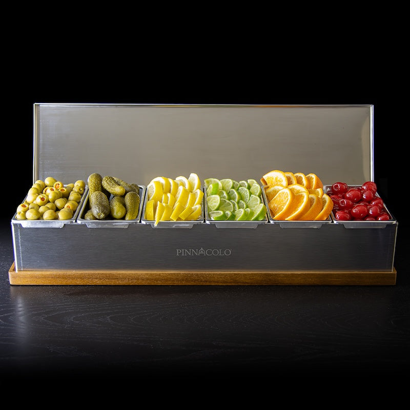 Garnishes for cockatils in the 6-compartment Pinnacolo Condiment Topping Carrier