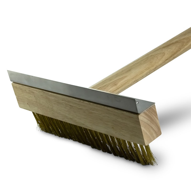 Pinnacolo Wooden Broom with Wire Bristle Brush and Stainless Steel Scraper close Up
