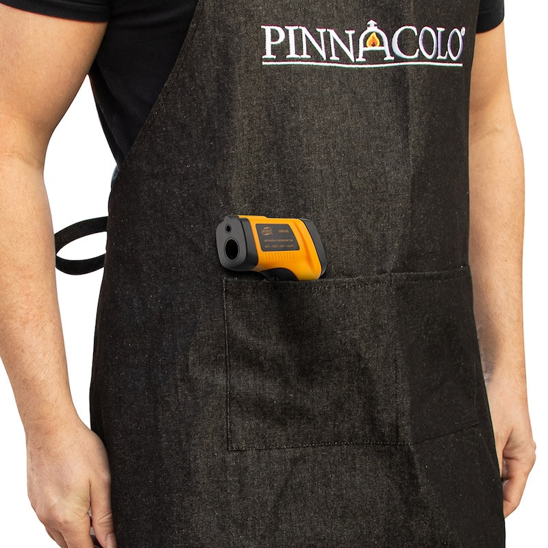 Infrared Thermometer in the pocket of the Pinnacolo Denim Apron