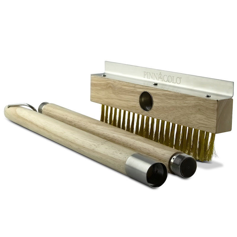 Pinnacolo Wooden Broom with Wire Bristle Brush and Stainless Steel Scraper