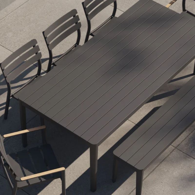 Rectangular outdoor aluminum dining table with bench, armchairs, and chair set by Outer