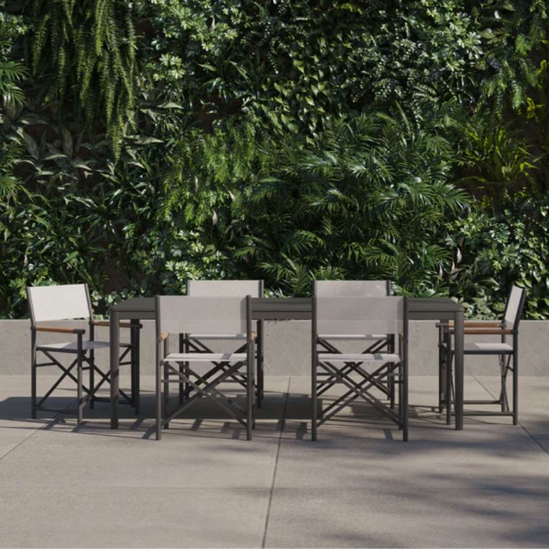 Aluminum Outdoor Rectangular Dining Table with 6 Director's Chair set on patio