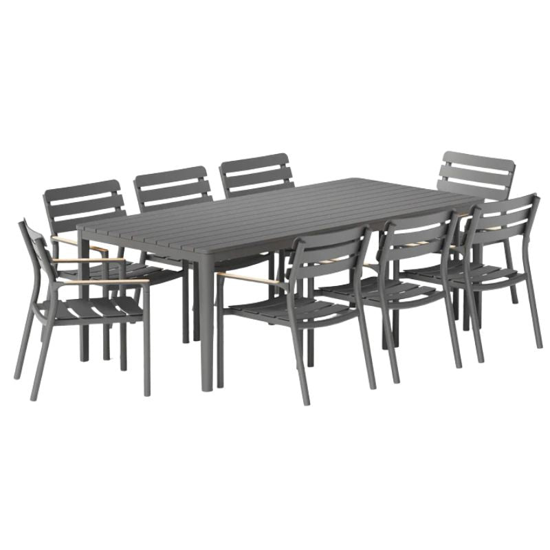 Powder-coated aluminum rectangular table with 8 595 Dining Armchairs Set