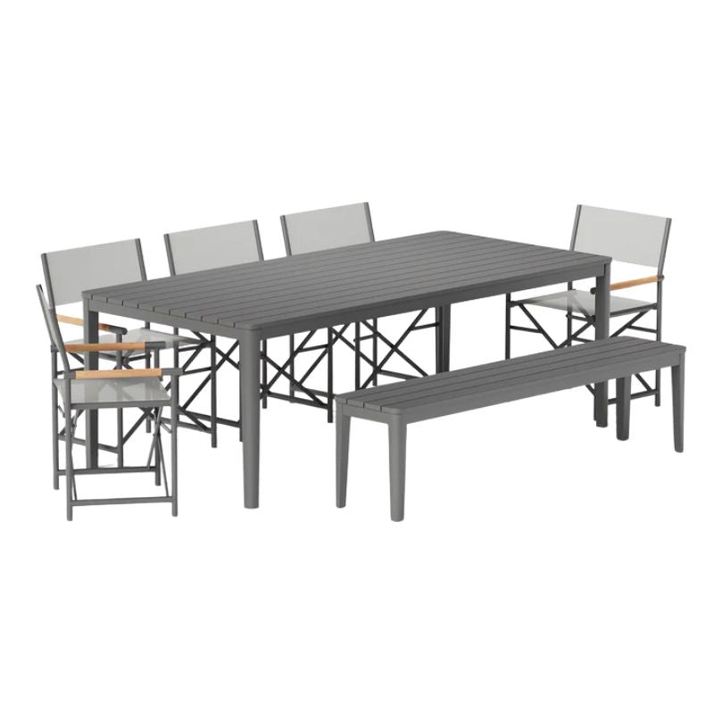 Aluminum rectangular outdoor dining table with bench and 5 director's chairs for patio dining