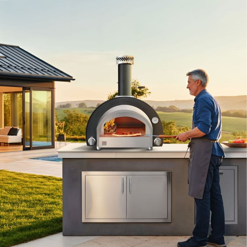 Summerset Hybrid Gas/Wood Outdoor Pizza Oven in an outdoor kitchen countertop