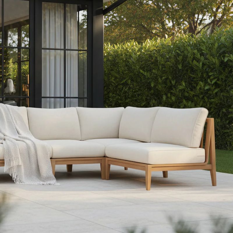 Teak Outdoor Modular Furniture with the Palisades Cream OuterWeave fabric set on modern backyard patio