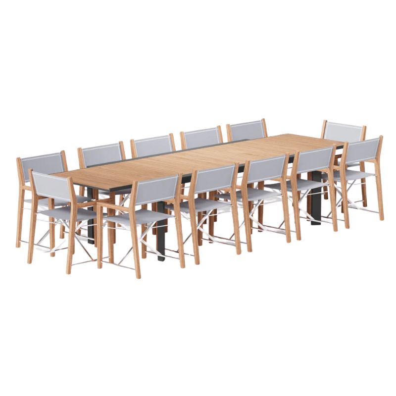Teak Aluminum Outdoor Expandable Dining Table with 12 Teak Director's Chair Set