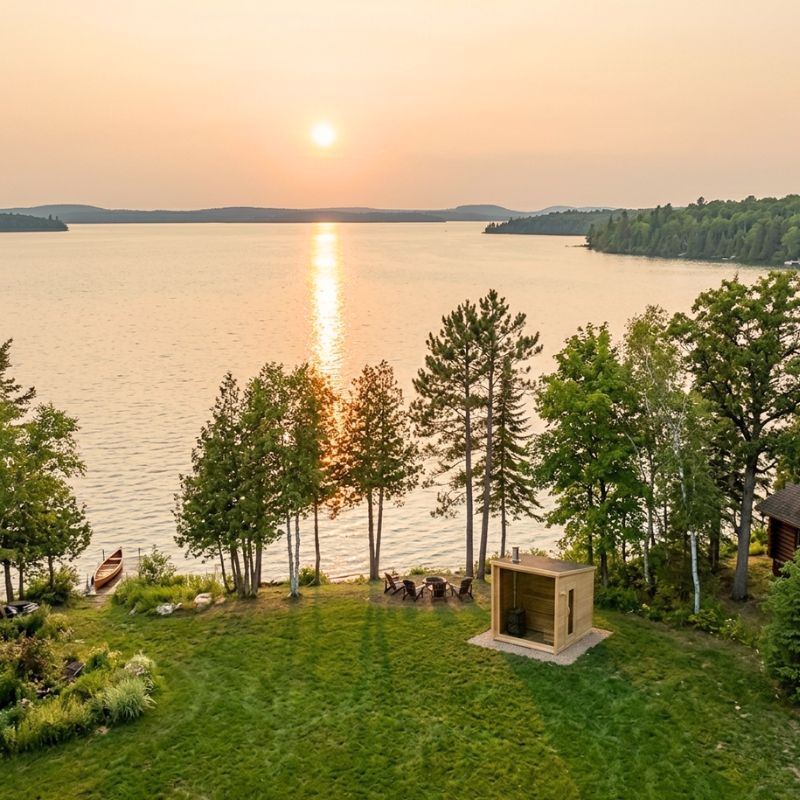 ThermaVera Nordic Outdoor Cabin Style Sauna One Full Glass Side with Lake view