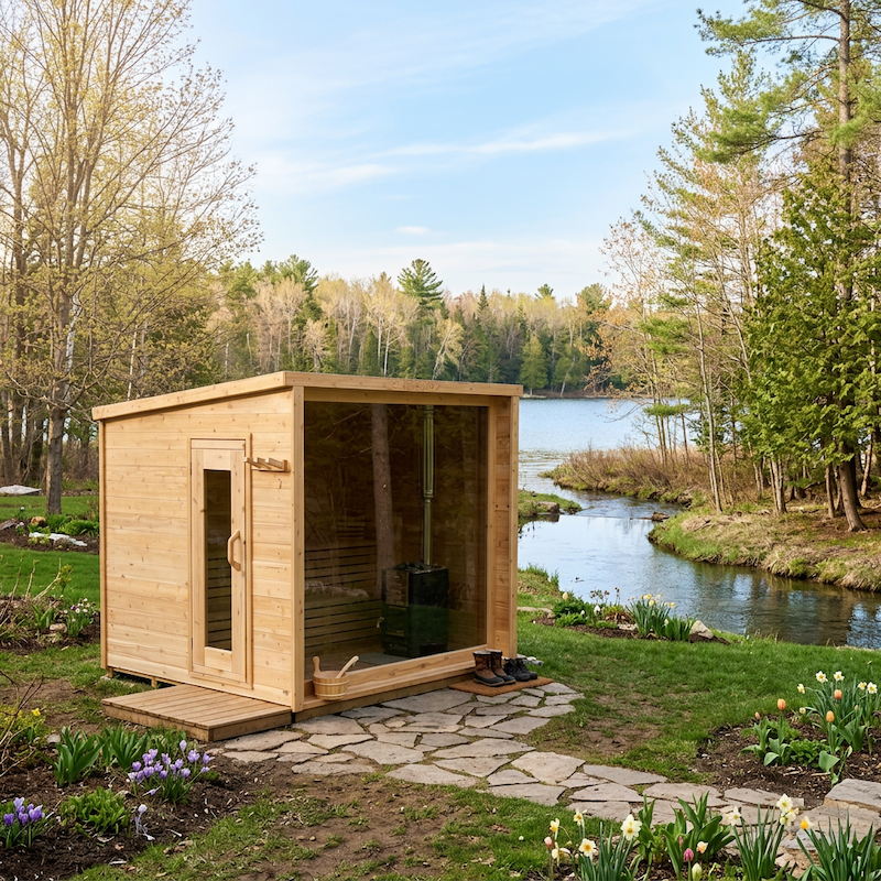 ThermaVera Nordic Outdoor Cabin Style Sauna One Full Glass Side with Lake view