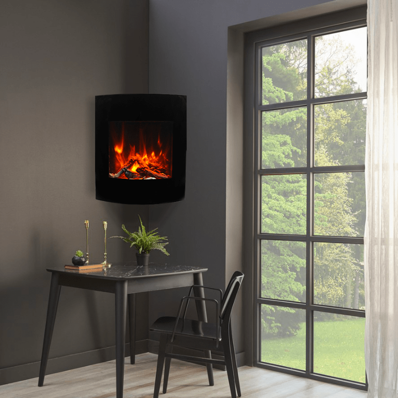 Zero Clearance Corner Electric Fireplace with Black Glass Surround by Amantii