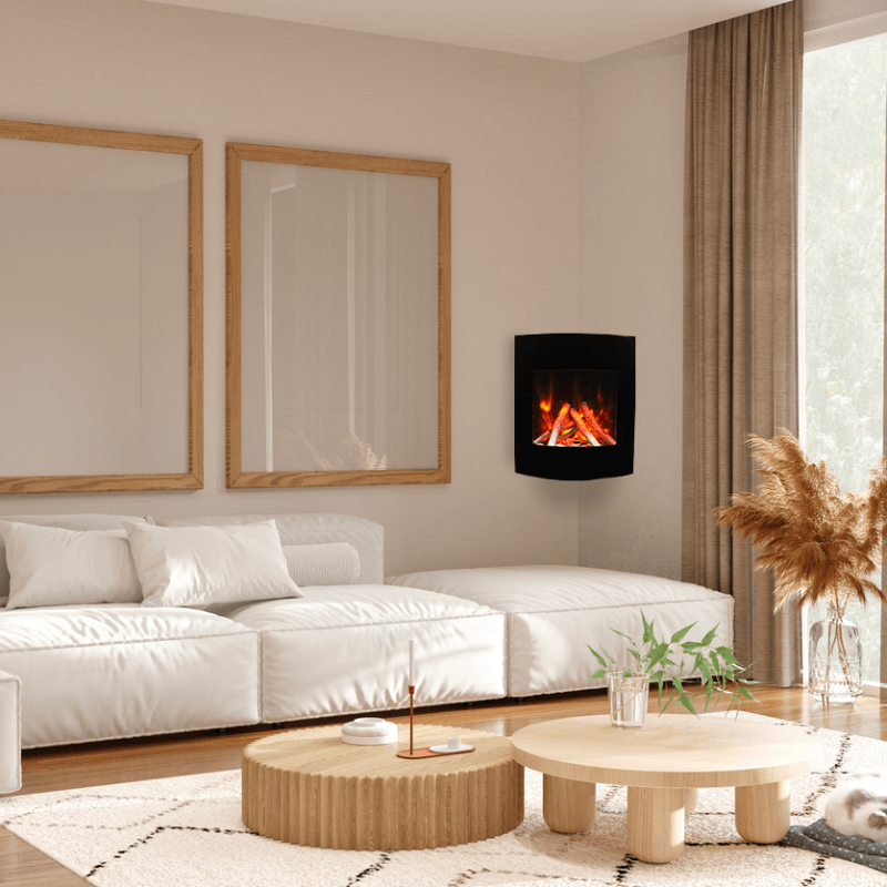 Zero Clearance Corner Electric Fireplace with Black Glass Surround by Amantii