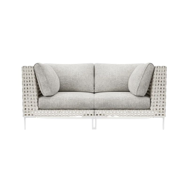 Open Weave Wicker Loveseat with Sandstone Gray Fabric