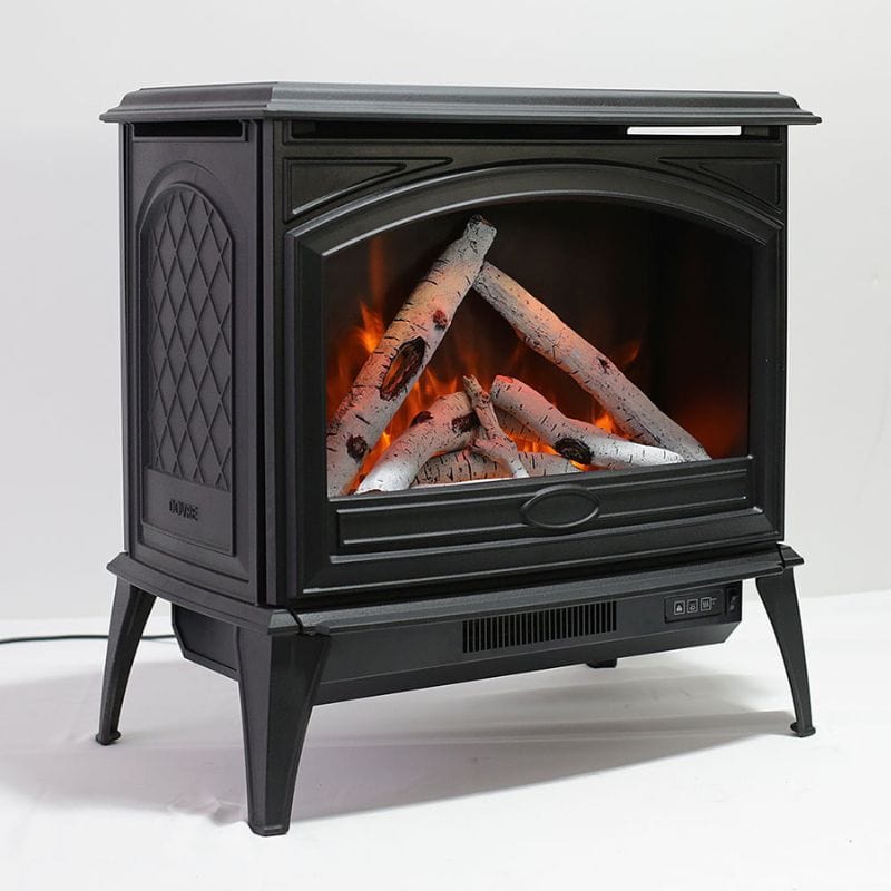 Cast Iron Free Stand Electric Fireplace with Birch Logs Side View