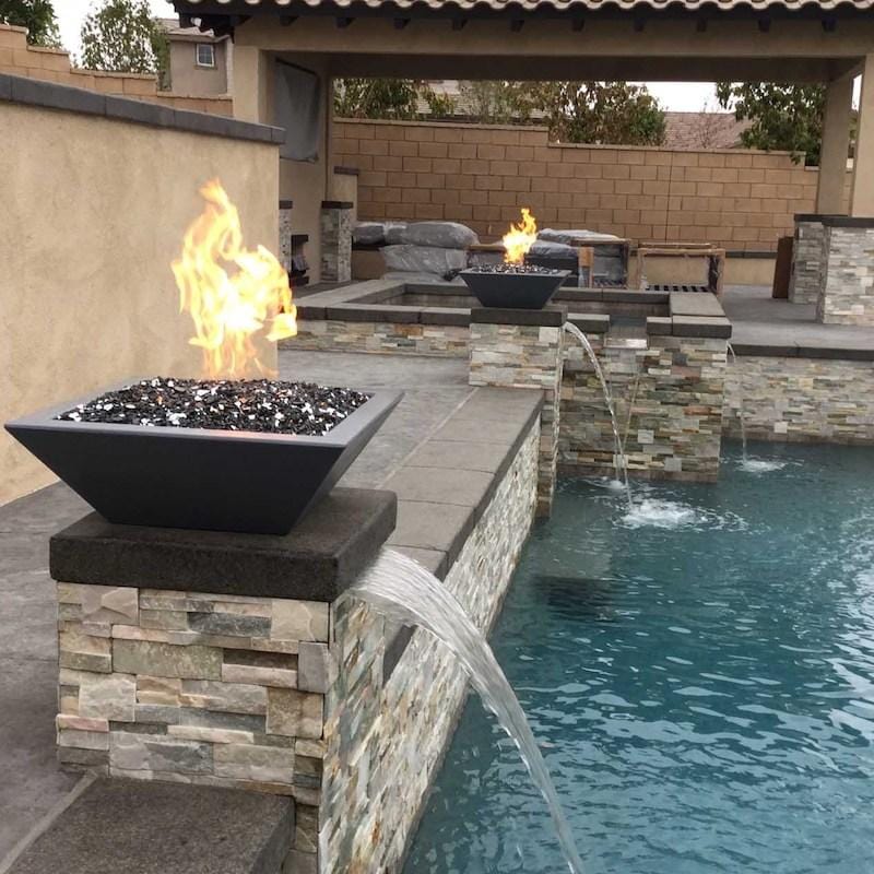 Two pool fire bowls with flames and water