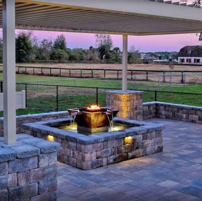 Maya Fire & Water Bowl under outdoor pergola