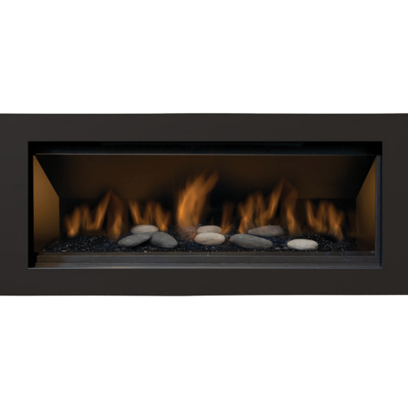 The 55" Stanford Gas Fireplace with Black Fire Glass and Decorative Rocks